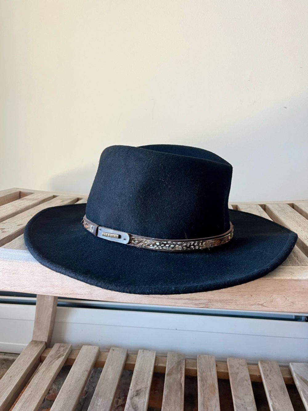 Black Wide-Brim Wool Fedora Hat with Decorative Band